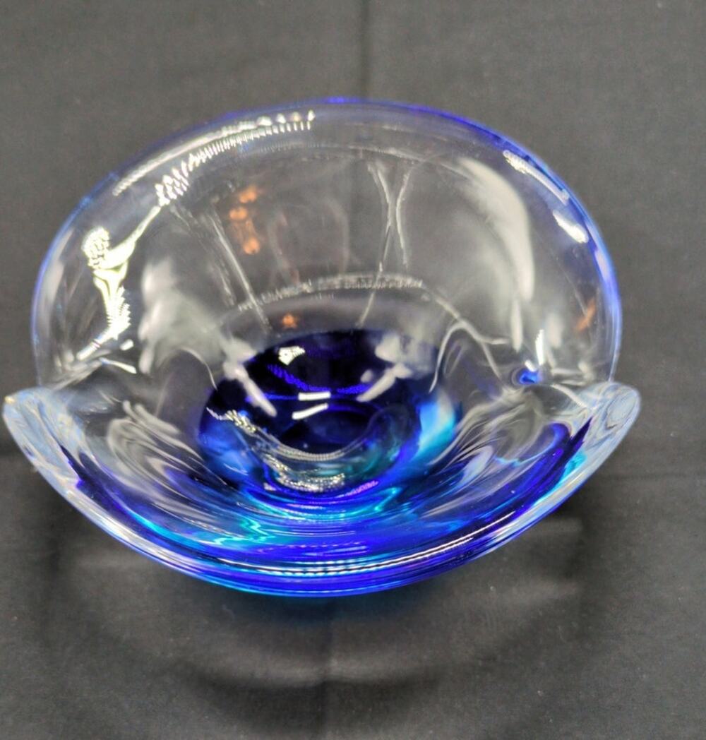 Murano Style Aqua Cobalt Blue Clear Art Glass Bowl 5" Two Tone Polished Base